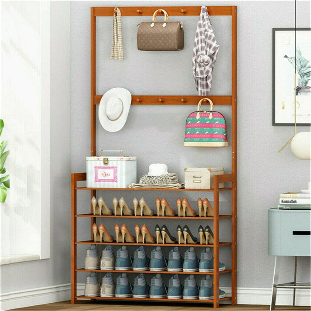 Five Hat Racks Bamboo 5-Tier Hat Coat Shoe Rack Entryway Bench Hanger Storage