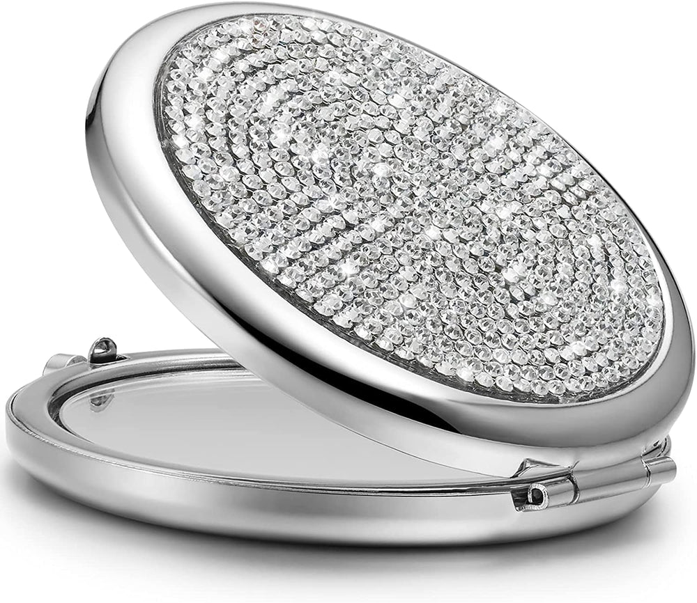 Mini Small Diamond 1X/2X Magnifying Round Metal Pocket Makeup Mirror (Silver) - The Zebra Effect