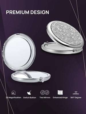Mini Small Diamond 1X/2X Magnifying Round Metal Pocket Makeup Mirror (Silver) - The Zebra Effect