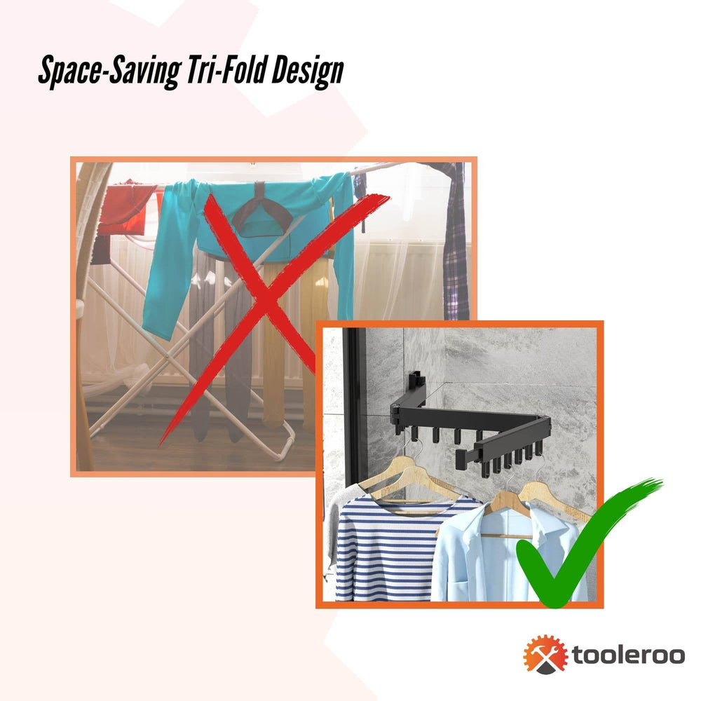 Tooleroo Clothes Drying Rack Tri-Fold Wall-Mount Space-Saving Laundry