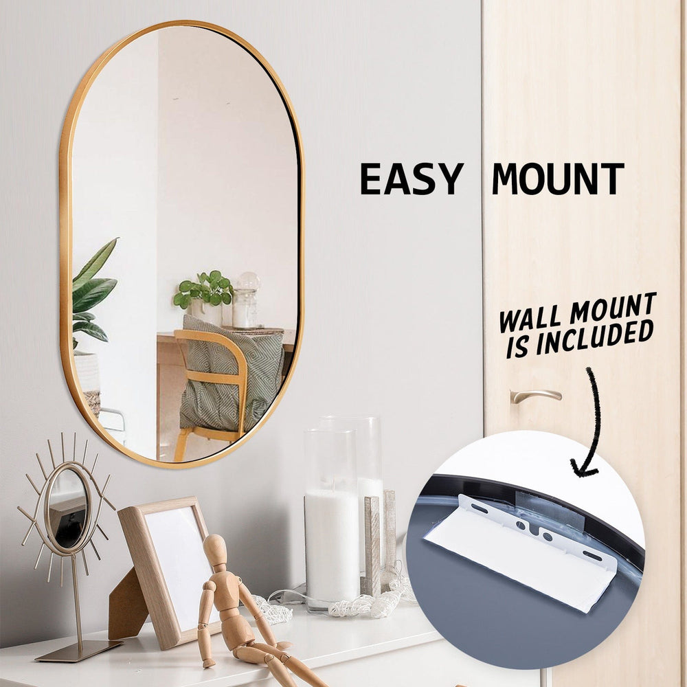 La Bella Gold Wall Mirror Oval Aluminum Frame Makeup Decor Bathroom Vanity 50x75cm - The Zebra Effect