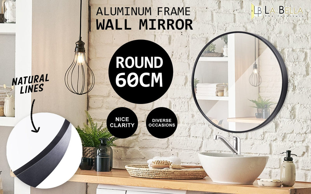 La Bella Black Wall Mirror Round Aluminum Frame Makeup Decor Bathroom Vanity 60cm - The Zebra Effect