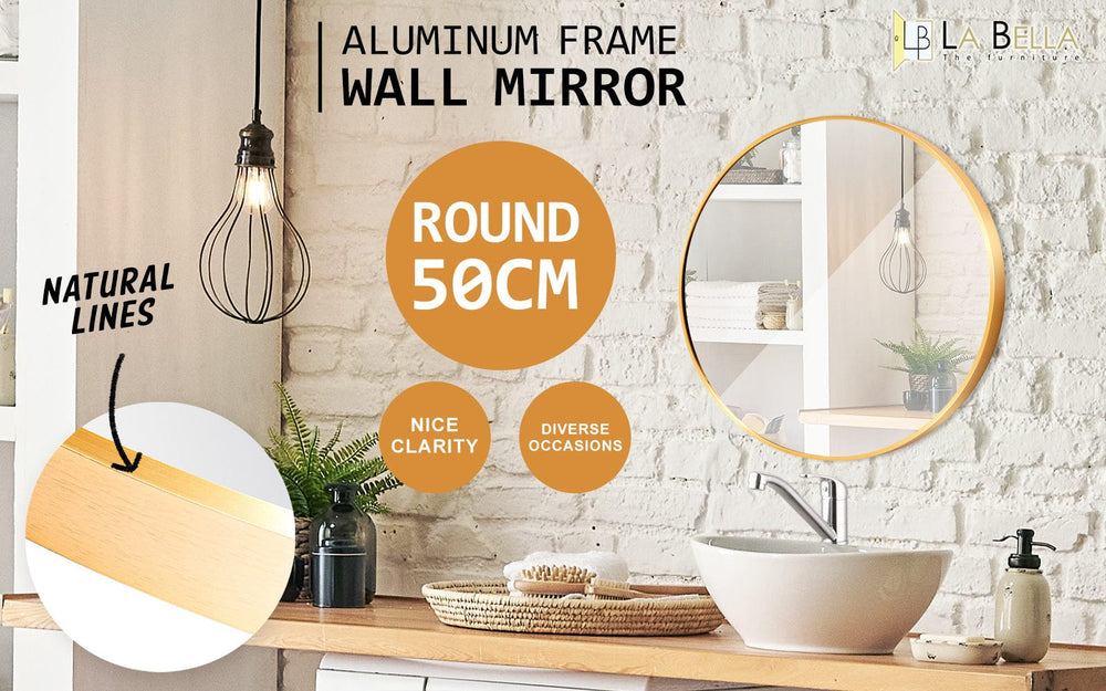 La Bella Gold Wall Mirror Round Aluminum Frame Makeup Decor Bathroom Vanity 50cm - The Zebra Effect