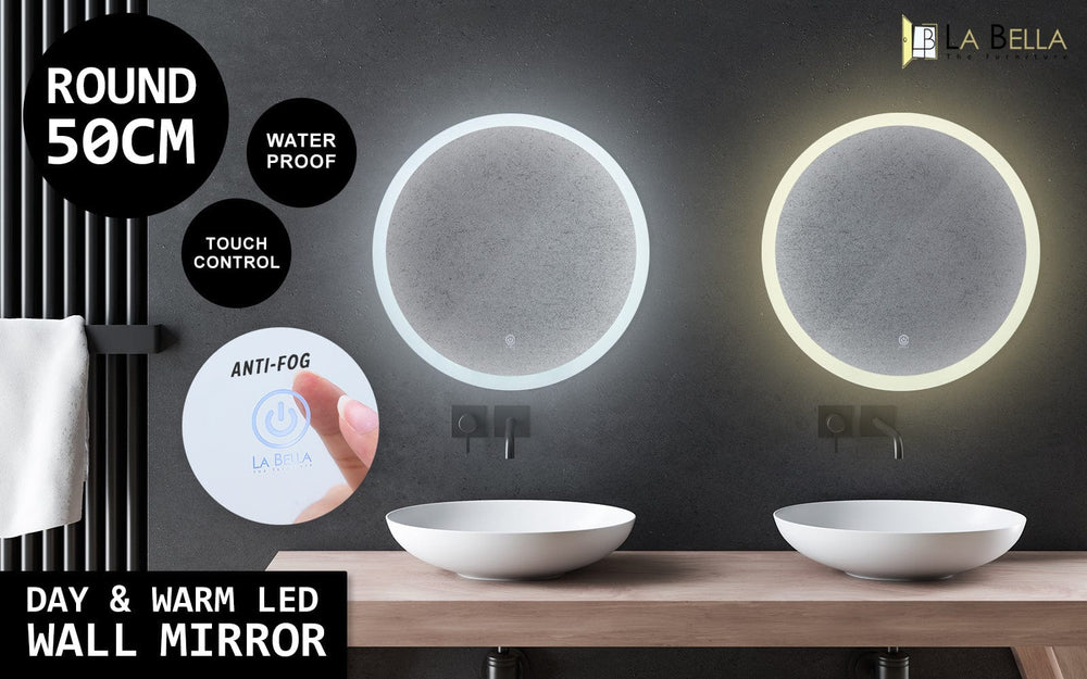 La Bella LED Wall Mirror Round Touch Anti-Fog Makeup Decor Bathroom Vanity 50cm - The Zebra Effect