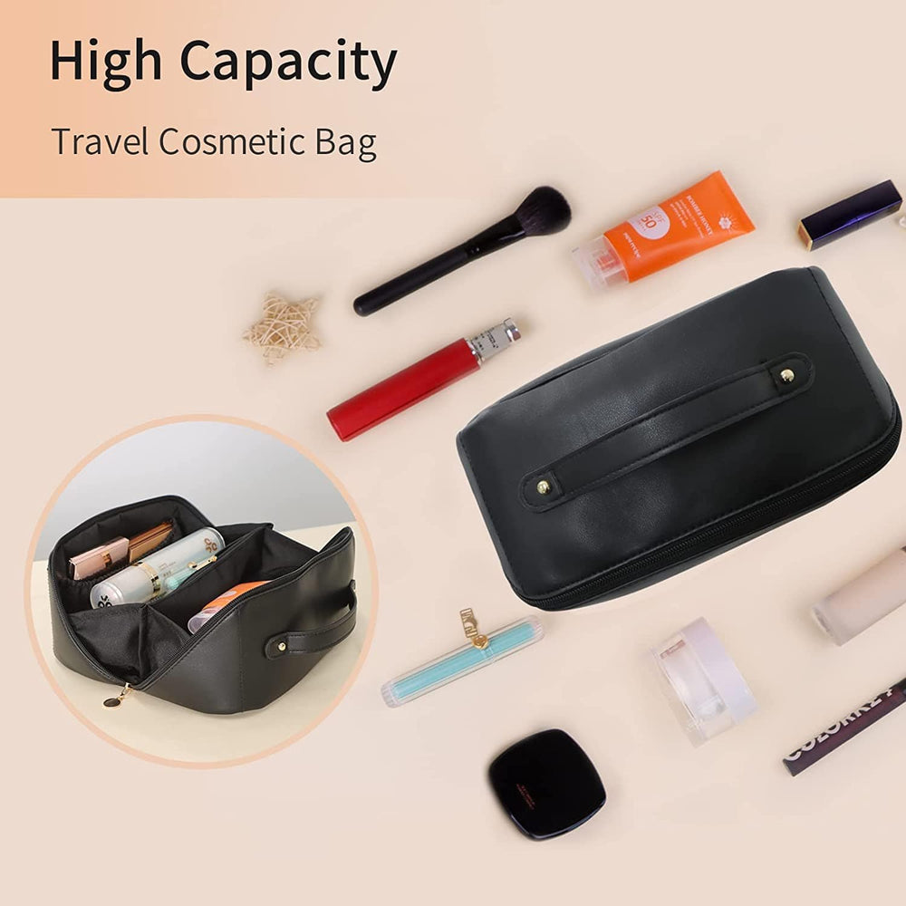 Large Travel Cosmetic Bag Portable Make up Makeup Bag Waterproof PU Leather Storage Black - The Zebra Effect