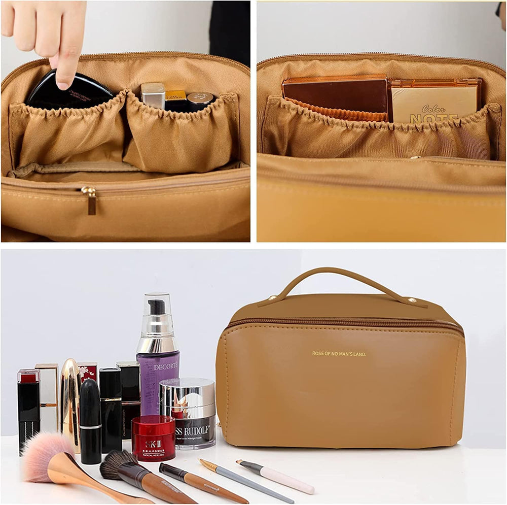 Large Travel Cosmetic Bag Portable Make up Makeup Bag Waterproof PU Leather Storage Brown - The Zebra Effect