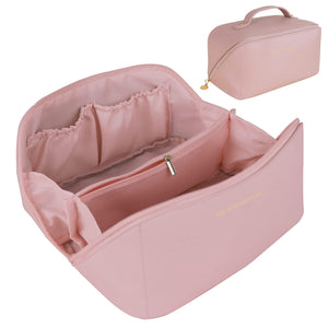 Large Travel Cosmetic Bag Portable Make up Makeup Bag Waterproof PU Leather Storage Pink - The Zebra Effect