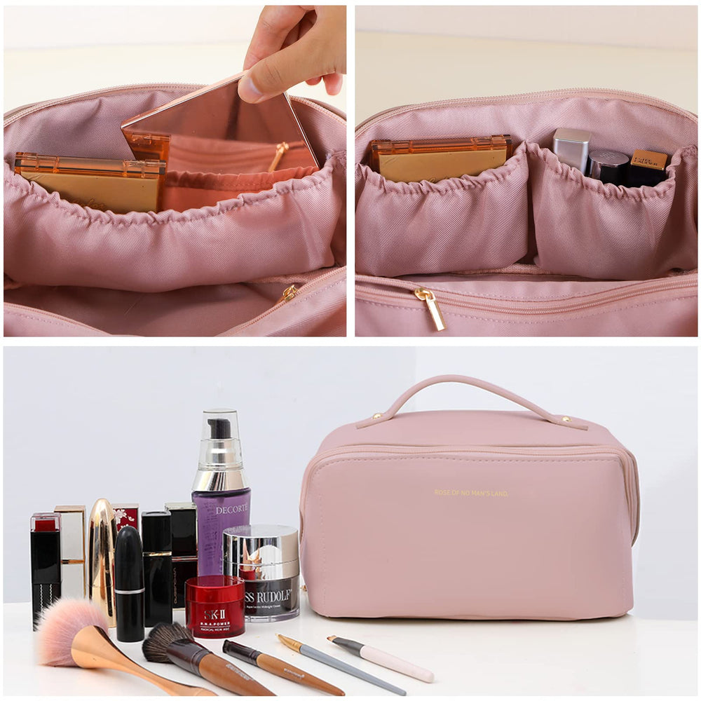 Large Travel Cosmetic Bag Portable Make up Makeup Bag Waterproof PU Leather Storage Pink - The Zebra Effect