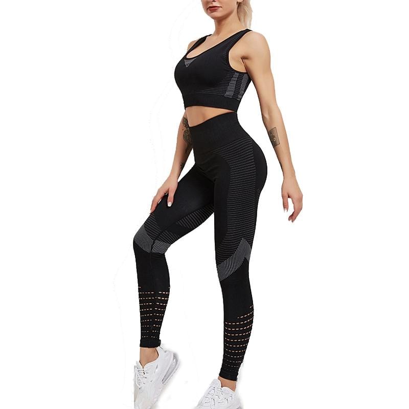 Yoga Fitness Set Women Sports Bra & Leggings Size L - Black - L
