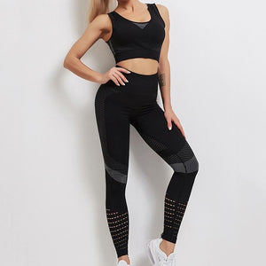 Yoga Fitness Set Women Sports Bra & Leggings Size L - Black - L