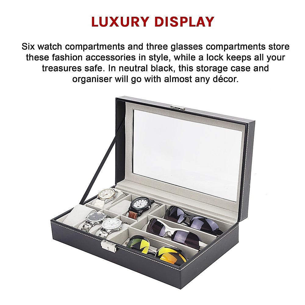
                
                    Load image into Gallery viewer, The Zebra Effect Health &amp;amp; Beauty &amp;gt; Cosmetic Storage 6+3 Grid Watch Sunglass Eyeglasses Display Box Case Storage Organizer PU Leather V63-823701
                
            