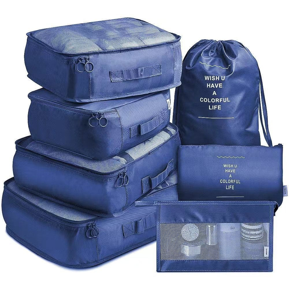 Navy Blue Travel Packing Cube Set - 7-Piece Luggage Organizer for Clot