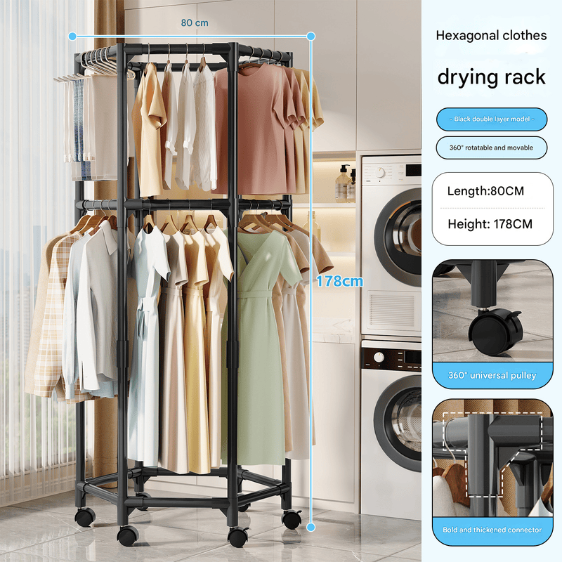 Black double layer 360° Rotating Portable Garment Rack - Heavy Duty Ro