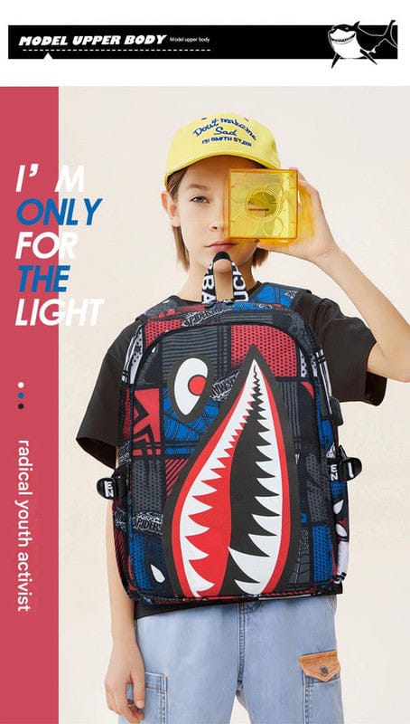 Trendsetter Shark Mouth Print Backpack - Lightweight & Breathable Scho