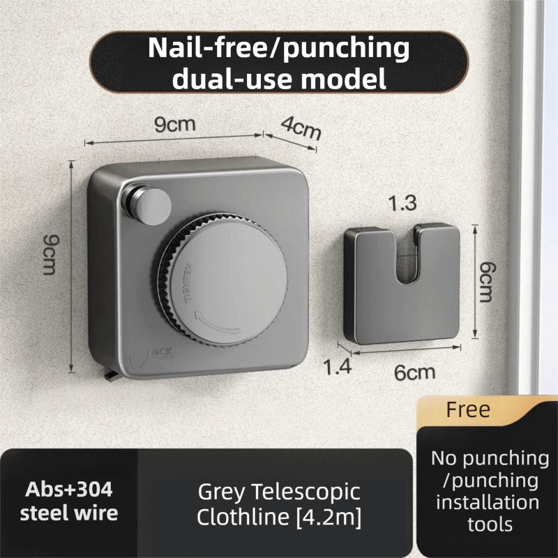 Grey 4.2M Heavy Duty Invisible Retractable Clothesline - Rustproof & D