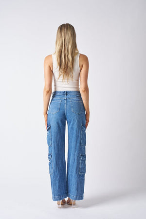 Wakee Denim Cargo Flare Leg Ladies Jean - Blue Envy BA2141
