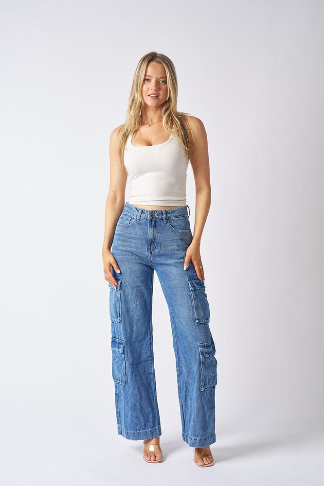 Wakee Denim Cargo Flare Leg Ladies Jean - Blue Envy BA2141