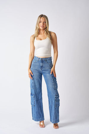 Wakee Denim Cargo Flare Leg Ladies Jean - Blue Envy BA2141