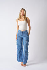 Wakee Denim Cargo Flare Leg Ladies Jean - Blue Envy BA2141