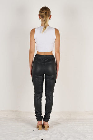 
                
                    Load image into Gallery viewer, Wakee Denim Cargo Jogger Pant White Wakee Denim Ladies Cargo Jogger Wet Look - Black 3058
                
            