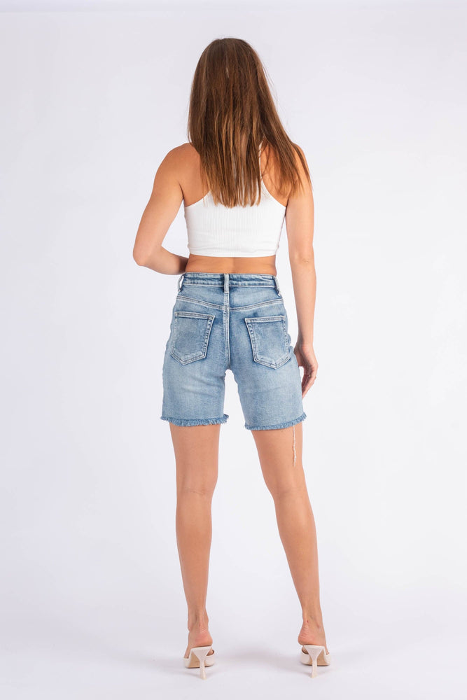 Wakee Denim Ladies Distressed Shorts - Blue Wash 3054