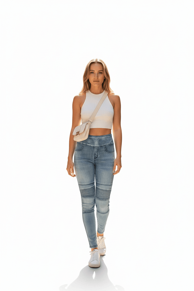 Wakee Denim Stretch Panel Biker Jean Skinny Leg - Blue, Navy, Washed B