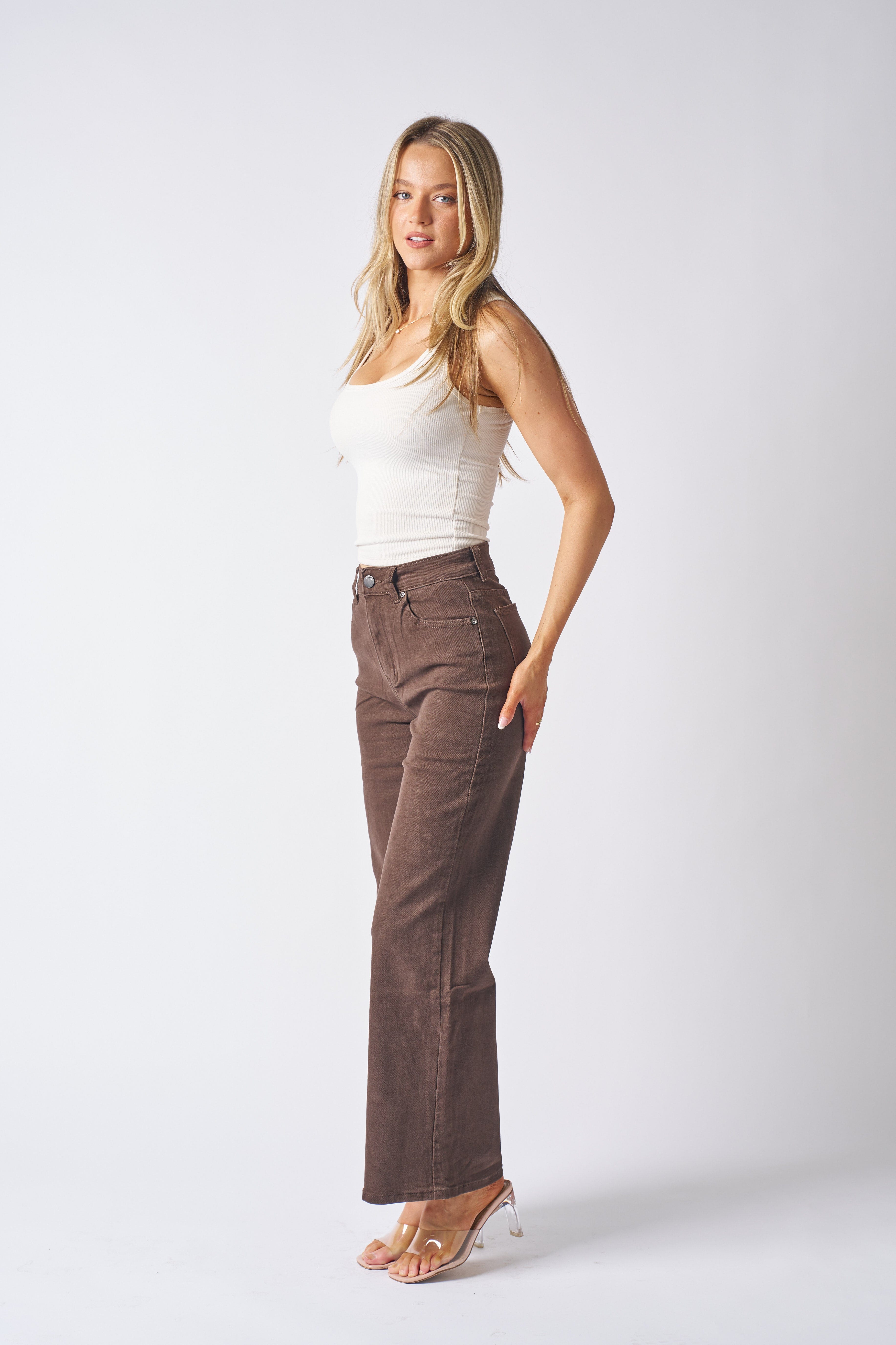 Wakee Denim Wide Leg Flare Ladies Jean - Brown BA283