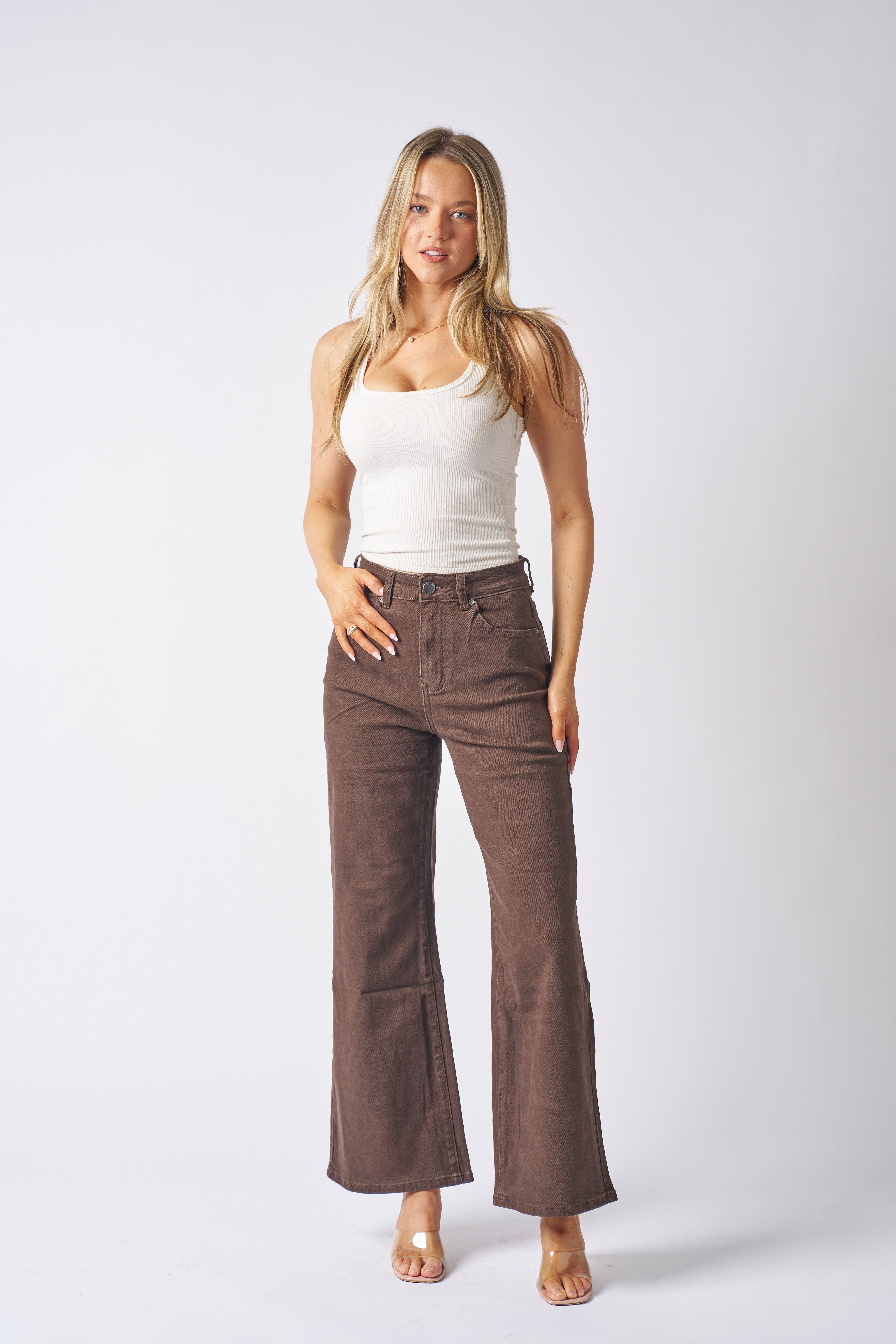 Wakee Denim Wide Leg Flare Ladies Jean - Brown BA283