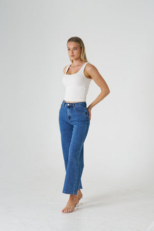 Wakee Denim Wide Leg Ladies Jean - Medium Denim Blue 3108