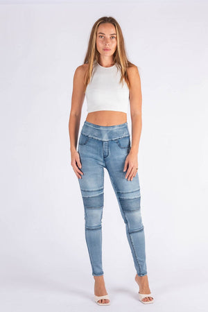 Wakee Denim Stretch Panel Biker Jean Skinny Leg - Blue - The Zebra Effect