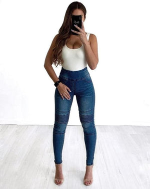 Wakee Denim Stretch Panel Biker Jean Skinny Leg - Blue, Navy, Black, Grey, Wet Look Mid Blue