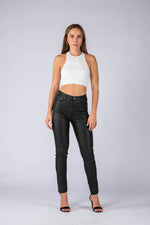 Wakee Denim Leather Look Coated Jean - Black