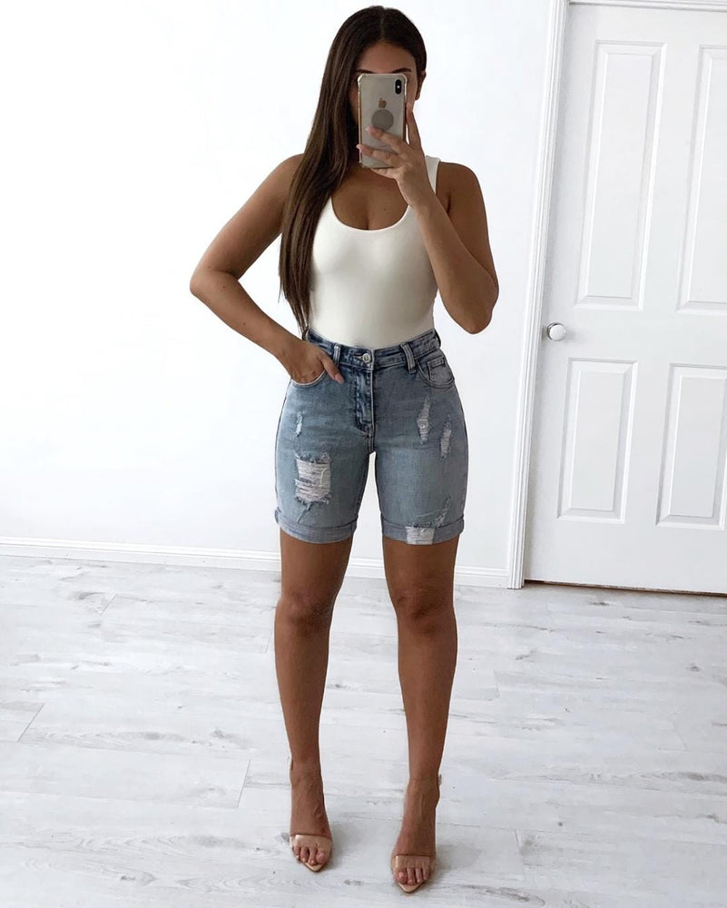 Stylish Sea Denim Wakee Ladies Long Distressed Shorts