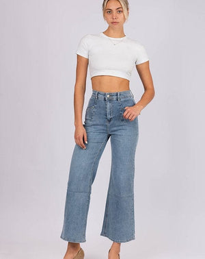 
                
                    Load image into Gallery viewer, Wakee Denim Flare Leg Jeans Wakee Denim Flare Wide Leg Ladies Jean - Blue Wash 7063
                
            