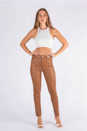 Wakee Denim Coated Wet Look Ladies Jean Pant Wakee Denim Leather Look Coated Jean - Tan 7093
