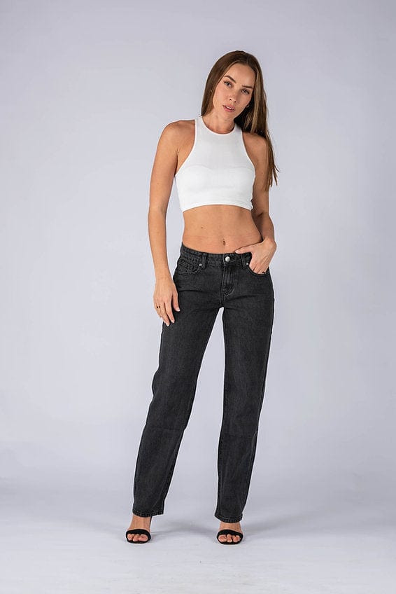 Wakee Denim (By Lily) Mid Waist Wide Leg Jean Pant - Black Wash