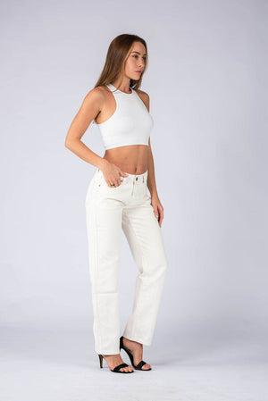 Wakee Denim (By Lily) Mid Waist Wide Leg Jean Pant - Cream BA094 - The Zebra Effect