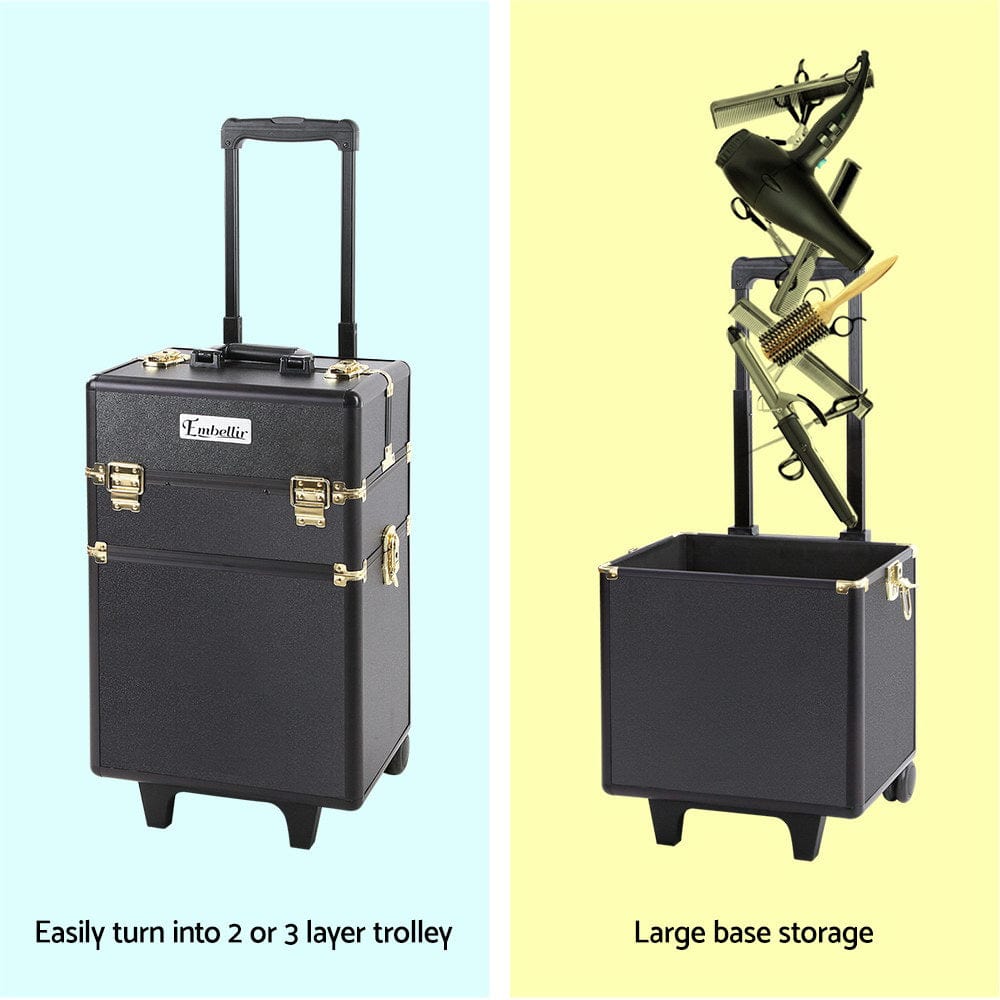 The Zebra Effect Health & Beauty > Cosmetic Storage Embellir 7 in 1 Portable Cosmetic Beauty Makeup Trolley - Black & Gold CASE-MU-4T-081-GDBK