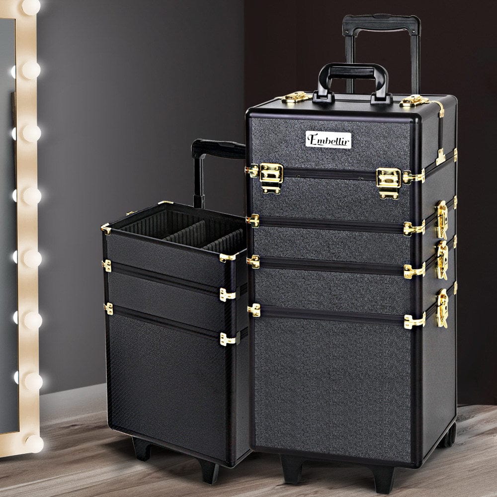 The Zebra Effect Health & Beauty > Cosmetic Storage Embellir 7 in 1 Portable Cosmetic Beauty Makeup Trolley - Black & Gold CASE-MU-4T-081-GDBK