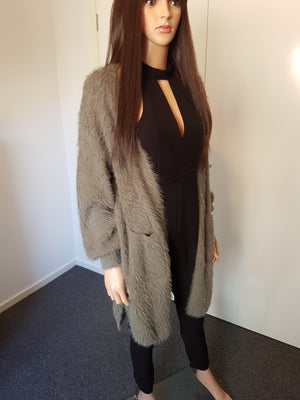 HQ Cardigan Davina Fluffy Knit Cardigan Bishop Sleeve in KHAKI by HQ