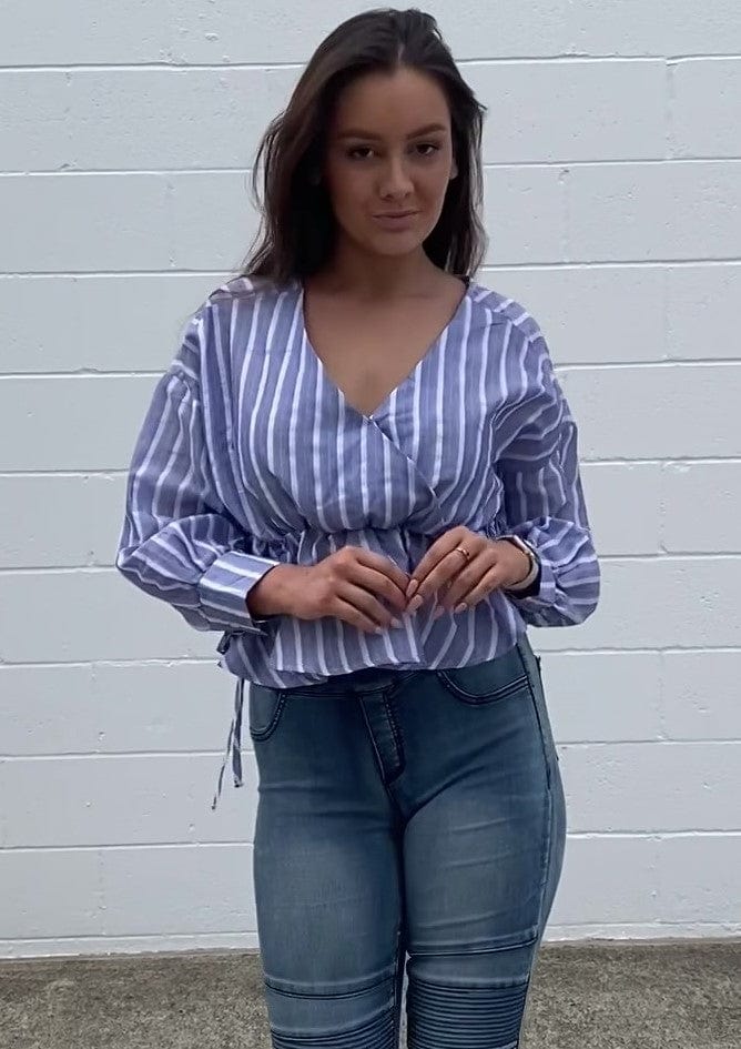 Refuge Striped Peplum Cropped Sara Blouse (Tie Waist)