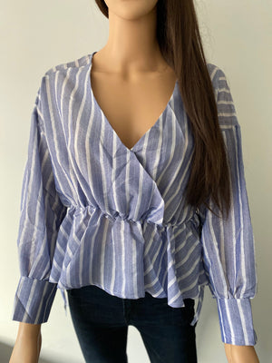 Refuge Striped Peplum Cropped Sara Blouse (Tie Waist)