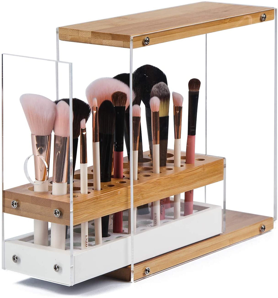 The Zebra Effect Health & Beauty > Cosmetic Storage 31 Holes Acrylic Bamboo Brush Holder Organiser Beauty Cosmetic Display Stand with Leather Drawer White (22.3 x 8.6 x 21.5 cm) V178-13617