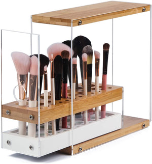 The Zebra Effect Health & Beauty > Cosmetic Storage 31 Holes Acrylic Bamboo Brush Holder Organiser Beauty Cosmetic Display Stand with Leather Drawer White (22.3 x 8.6 x 21.5 cm) V178-13617