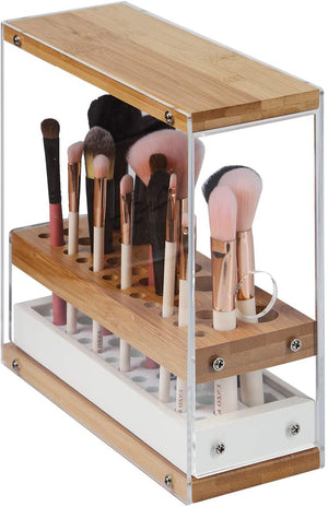 The Zebra Effect Health & Beauty > Cosmetic Storage 31 Holes Acrylic Bamboo Brush Holder Organiser Beauty Cosmetic Display Stand with Leather Drawer White (22.3 x 8.6 x 21.5 cm) V178-13617