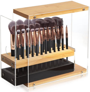 The Zebra Effect Health & Beauty > Cosmetic Storage 31 Holes Acrylic Bamboo Brush Holder Organiser Beauty Cosmetic Display Stand with Leather Drawer Black (22.3 x 8.6 x 21.5 cm) V178-13624