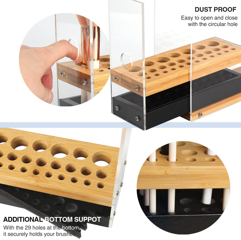 The Zebra Effect Health & Beauty > Cosmetic Storage 31 Holes Acrylic Bamboo Brush Holder Organiser Beauty Cosmetic Display Stand with Leather Drawer Black (22.3 x 8.6 x 21.5 cm) V178-13624