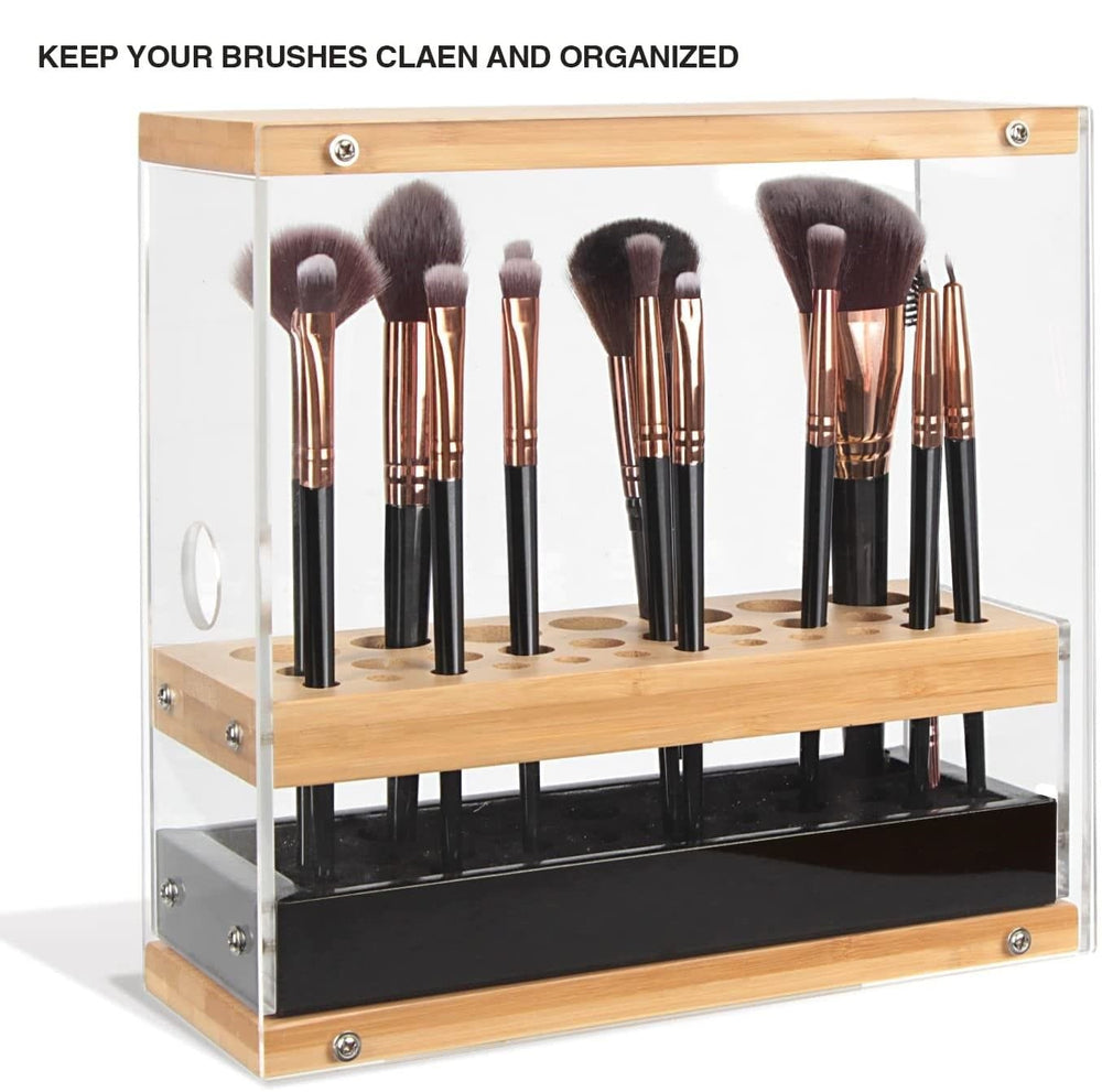 The Zebra Effect Health & Beauty > Cosmetic Storage 31 Holes Acrylic Bamboo Brush Holder Organiser Beauty Cosmetic Display Stand with Leather Drawer Black (22.3 x 8.6 x 21.5 cm) V178-13624