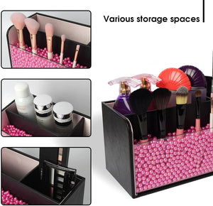 
                
                    Load image into Gallery viewer, The Zebra Effect Health &amp;amp; Beauty &amp;gt; Cosmetic Storage Leather Makeup Brush Cosmetic Organiser Storage Box with Pink Pearls, Acrylic Cover and 3 Compartments(Black) V178-24415
                
            