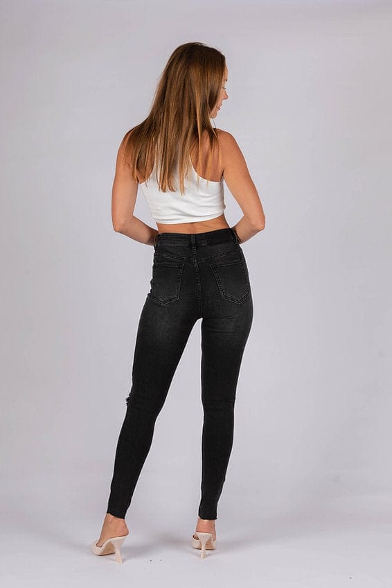 Wakee Denim (By Lily) Jean Skinny Ripped Knee - Washed Black BA117